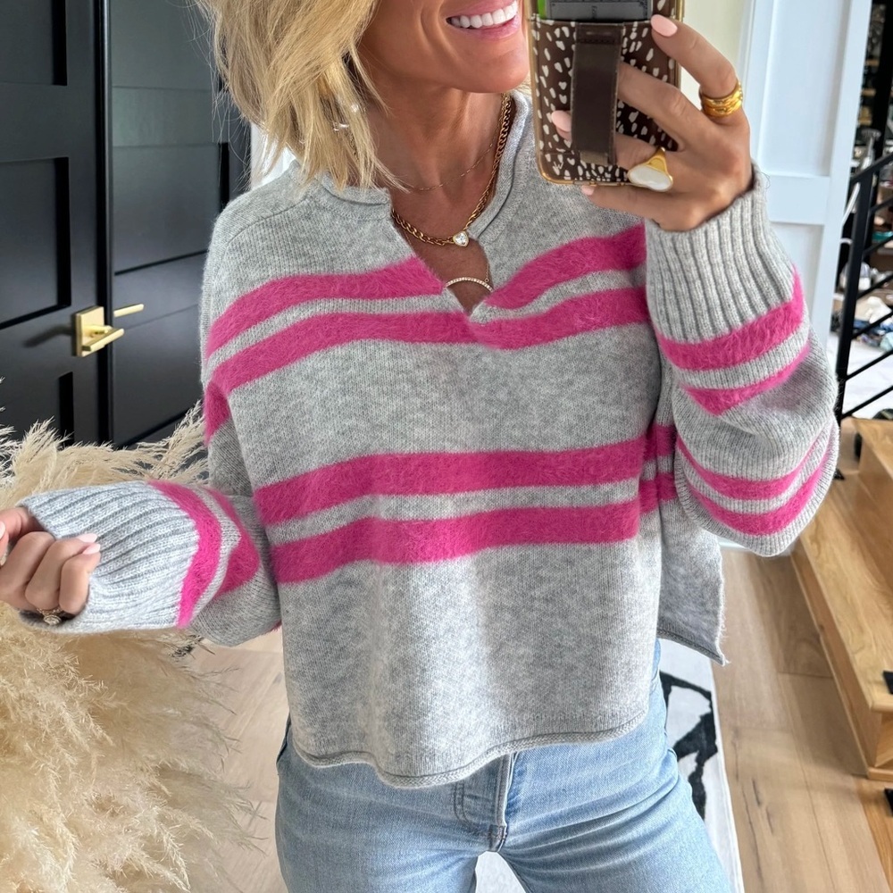 Pink Lily Gray & Hot Pink Striped Cropped Sweater, Size M